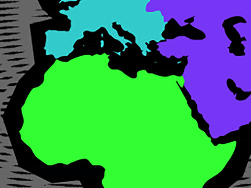 A map of the world comprising rough outlines and colour blocking