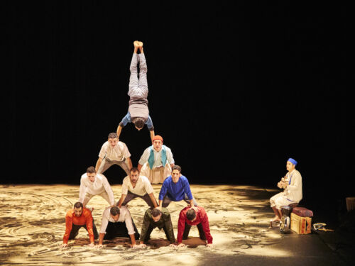 A company of acrobats creating a human pyramid topped off by a circus artist balancing in a handstand.