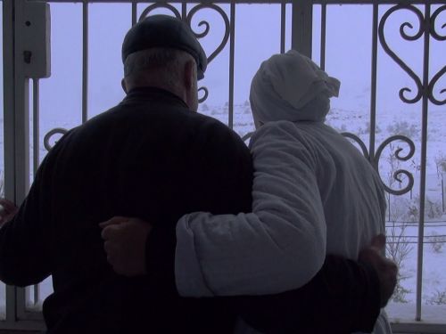 A couple with their back to the camera and their arms around each other facing looking out of a large decorative gate.