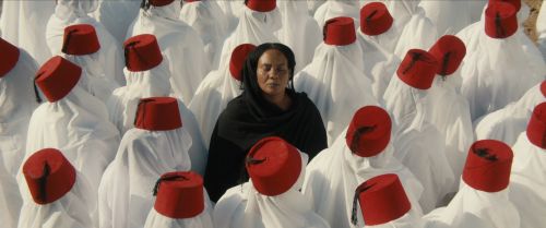 A black woman dressed in black surrounding by people in white robe and red fezes