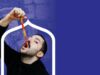 Hamed Sinno eating a jelly worm on a purple background