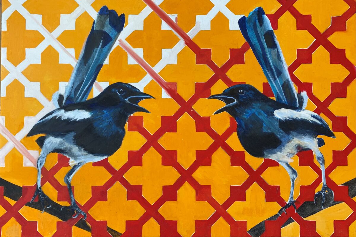 Painting of two birds on an orange and red patterned background