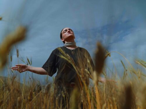 Person standing in a field of corn looking at the sky