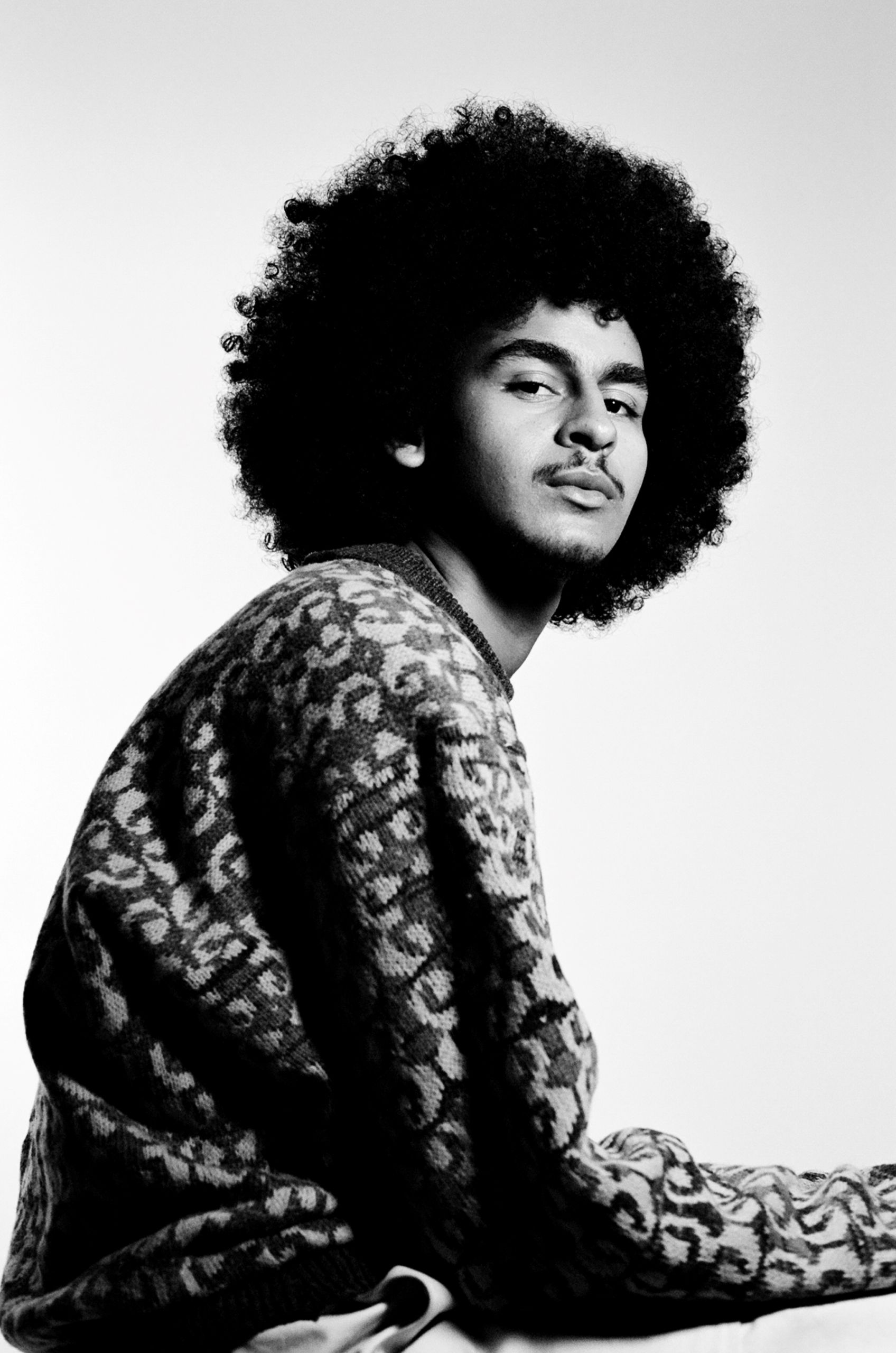 Portrait in black and white of a person with a large afro, wearing a patterned sweater, looking confidently to the side. The mood is stylish and poised.